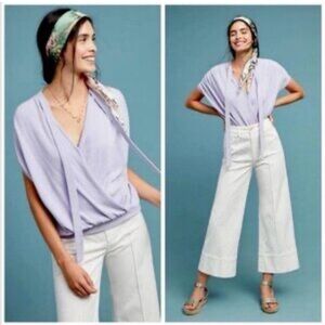Anthropologie Lilac V-Neck Tie-Neck Sweater